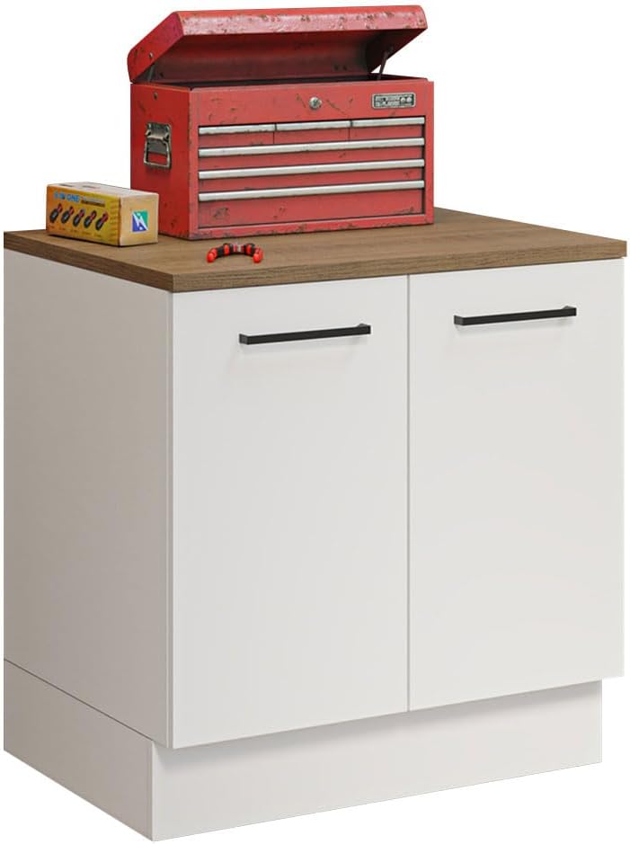 Madesa Compact Garage and Utility Room Base Storage Cabinet with 2 Doors and Tool Storage Shelves 33 Inch Wooden Organization Unit - White