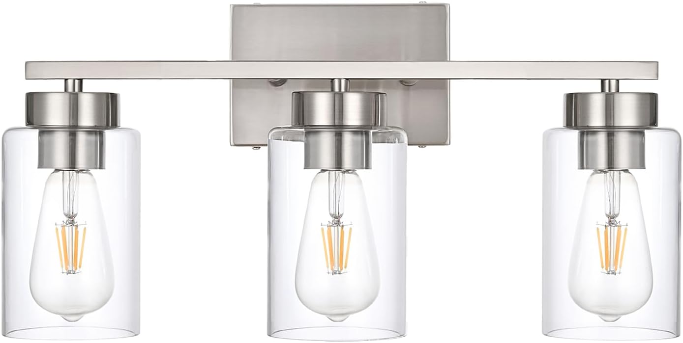 3-Light Bathroom Vanity Light, Modern Brushed Nickel Wall Lights with Clear Glass Shades, Bathroom Wall Sconce Lamp for Mirror Living Room Bedroom Hallway