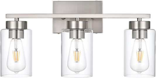 3-Light Bathroom Vanity Light, Modern Brushed Nickel Wall Lights with Clear Glass Shades, Bathroom Wall Sconce Lamp for Mirror Living Room Bedroom Hallway