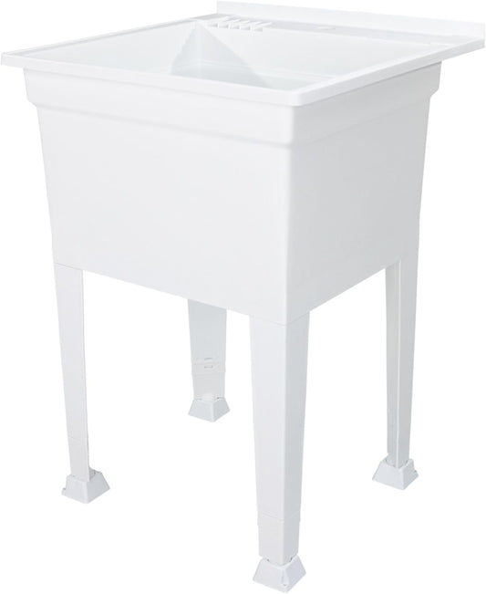 Utility Sink Heavy Duty Freestanding Utility Tub Sink with Drain Plug, Adjustable Floor Levelers & 5 Step Installation Process, 24 x 24 Inches, White
