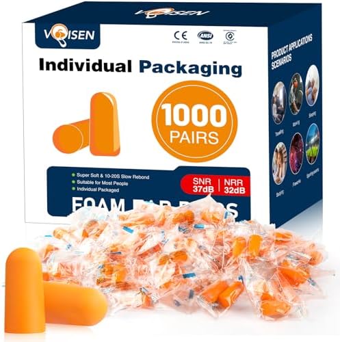 VOISEN Ear Plug,1000 Pairs Ear Plugs for Sleeping,32dB NRR 37dB SNR Ear Plugs Noise Cancelling for Snoring, Studying, Loud Events, Traveling & Concerts, Individual Package