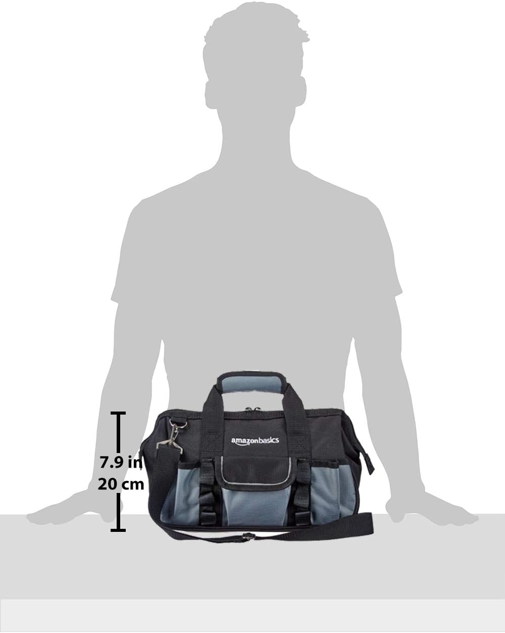 Amazon Basics Durable Wear-Resistant Tool Storage Bag with Adjustable Shoulder Strap, Portable Tool Organizer, 16 Pockets, 12 in, Black & Gray