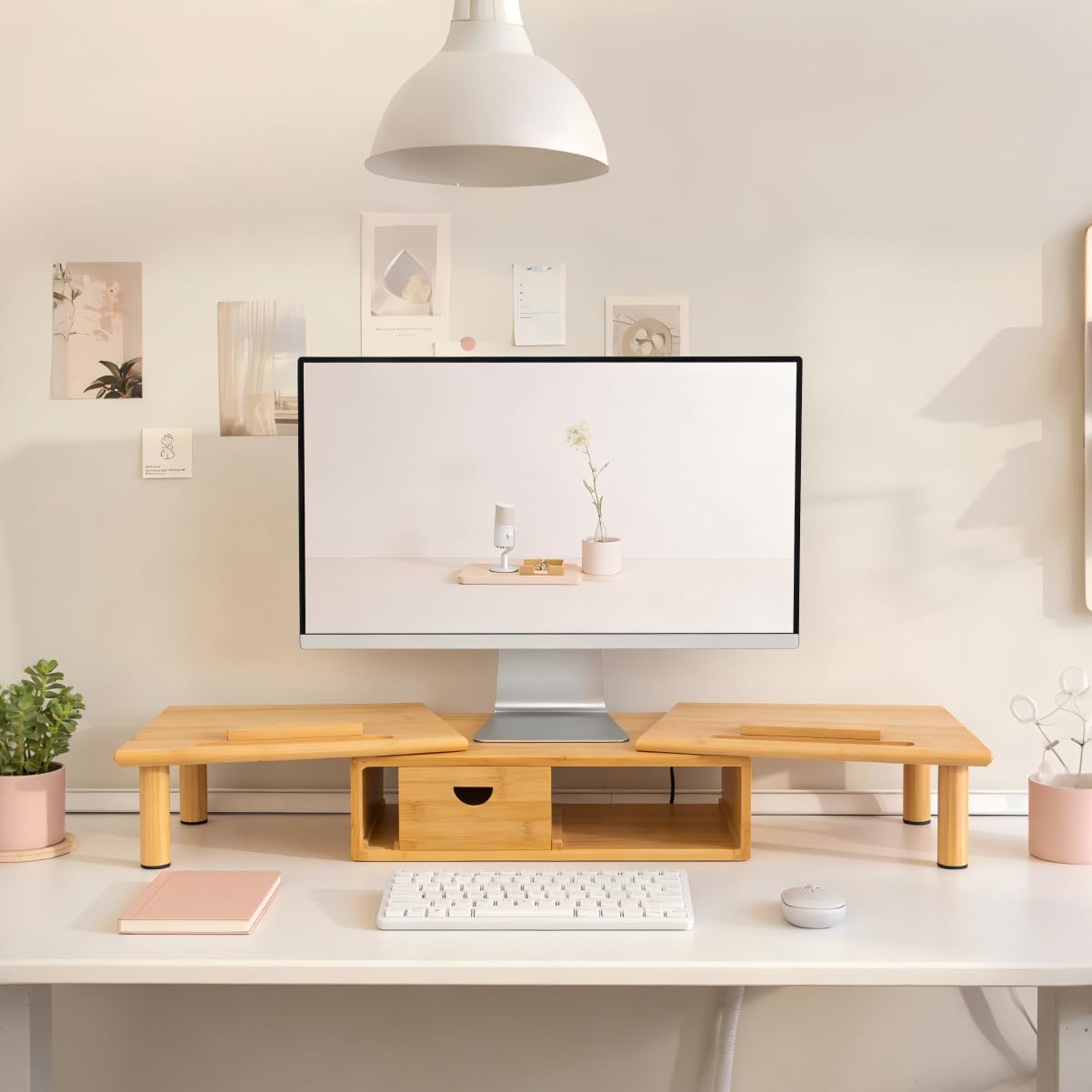 Dual Monitor Stand Riser with Drawer for Desk Laptop Desk Shelf with Adjustable Length and Angle, Bamboo Computer Stand Riser for 2 or 3 Monitors Screen Laptop PC TV -Natural