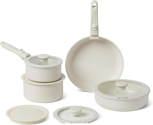 Amazon Basics Ceramic Nonstick Cookware Set with Detachable Handles, 11-Piece Stackable, All Cooktop Friendly, Oven-Safe, Dishwasher-Safe, Includes Saucepan, Frying Pan, Ivory