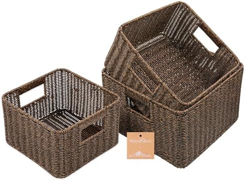 myHomeBody Wicker Storage Basket, Storage Cubes, Resin Wicker, Rustic Brown | Set of 3, Woven Baskets for Organizing, Wicker Baskets for Shelf, Large Cube Storage Organizer