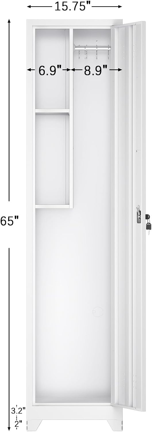 LUCYPAL Broom Closet Storage Cabinet,65" H Metal Cleaning Tool Cabinets with Hooks and Hanging Rods,Slim Utility Closet Cabinet for Garage,Utility Room,Gym,Mops,Kitchen,White