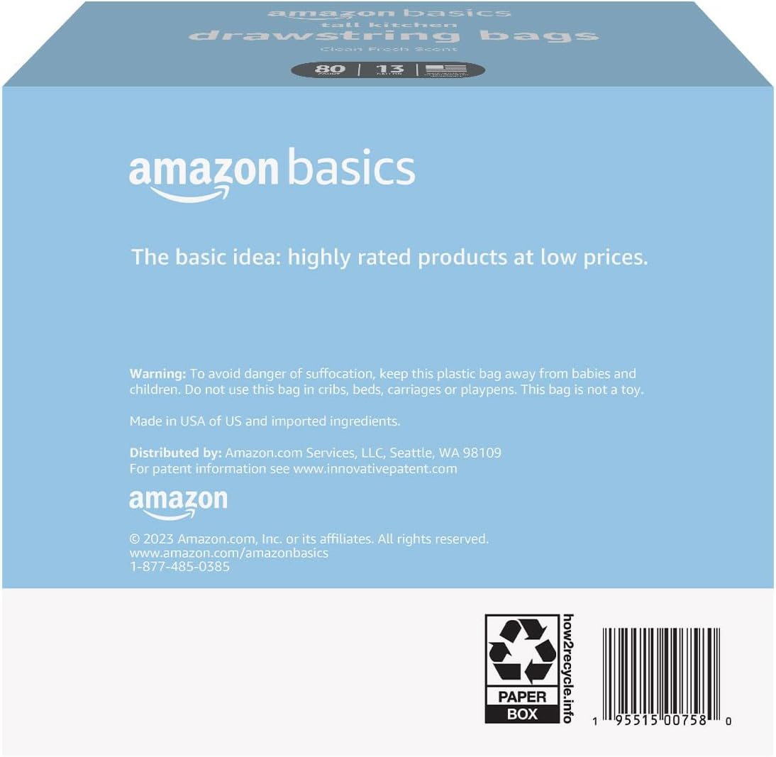 Amazon Basics Tall Kitchen Drawstring Trash Bags, Clean Fresh Scent, 13 Gallon, Odor Control, 0.9 mil Thickness, 80 Count (Previously Solimo)