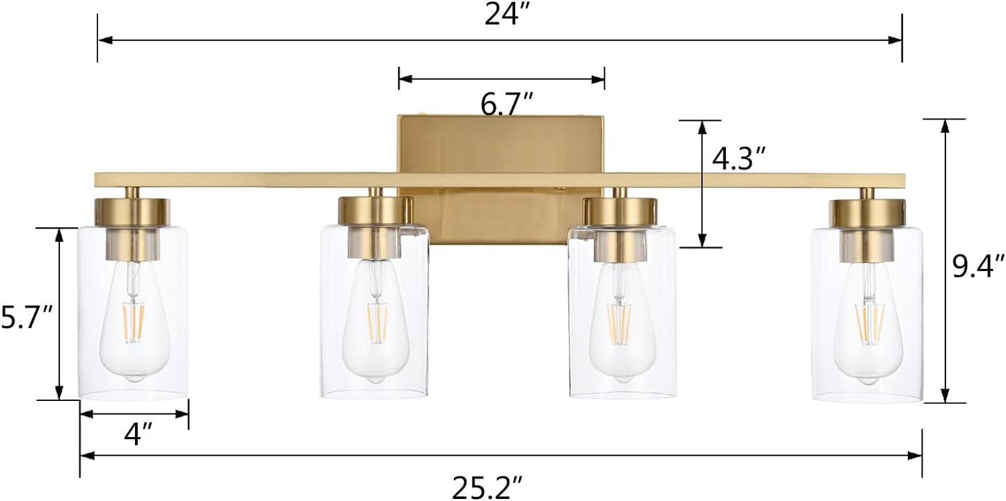 4 Light Bathroom Vanity Light Fixtures, Brushed Brass Modern Wall Lights with Clear Glass Shade, Vintage Wall Sconce Lighting for Living Room, Mirror, Bedroom, Hallway (Gold, 4-Lights)