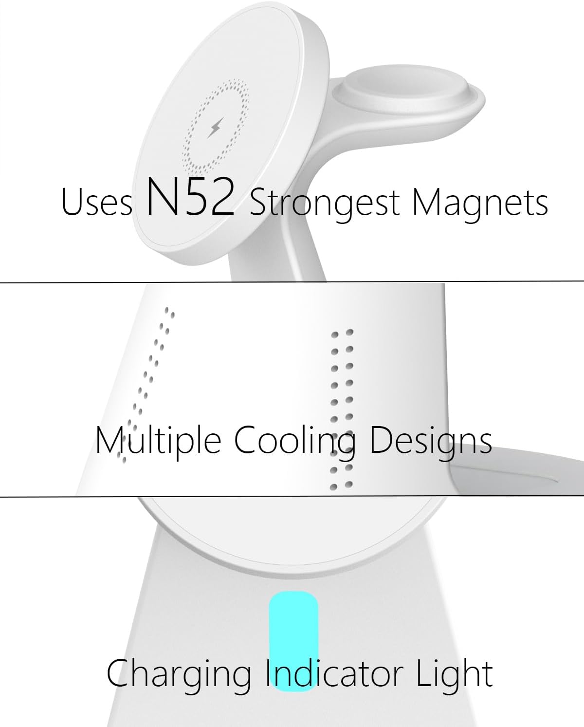 Wireless Charger,3 in 1 Charging Station,15W Phone Charger Stand | Compatible with Mag-Safe Charger for iPhone 17/16/15/14/13/12 Series, Apple Watch, AirPods (Adapter Included)