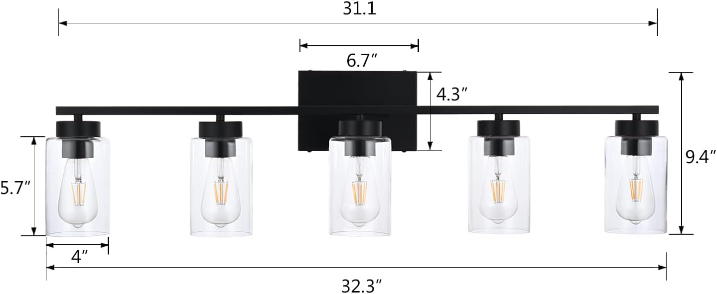 5 Light Bathroom Vanity Light Fixtures, Matte Black Modern Wall Lights with Clear Glass Shade, Vintage Wall Sconce Lighting for Living Room, Mirror, Bedroom, Hallway (Black, 5-Lights)