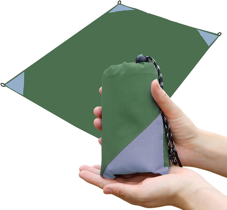 Orga'Neat Pocket Picnic Blanket, Beach Mat Waterproof Sandproof, Compact Lightweight Small Tarp for Camping, Hiking, Backpacking, Festival, Travel, Foldable in Bags (Army Green/Grey, 55"x60")