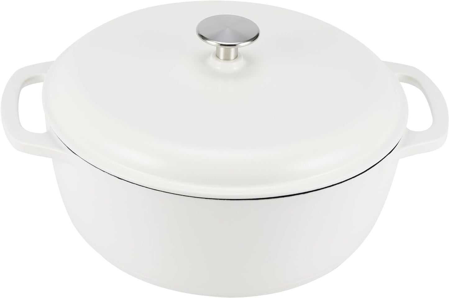 Amazon Basics Enameled Cast Iron Dutch Oven Pot with Lid, Round, Dual Handles, Heavy-Duty, Oven Safe for Stews, Roasting, Baking, 6-Quart, Matte White