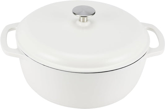 Amazon Basics Enameled Cast Iron Dutch Oven Pot with Lid, Round, Dual Handles, Heavy-Duty, Oven Safe for Stews, Roasting, Baking, 6-Quart, Matte White
