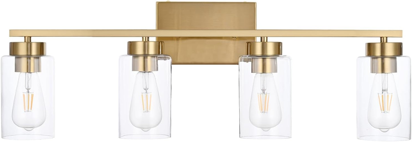 4 Light Bathroom Vanity Light Fixtures, Brushed Brass Modern Wall Lights with Clear Glass Shade, Vintage Wall Sconce Lighting for Living Room, Mirror, Bedroom, Hallway (Gold, 4-Lights)