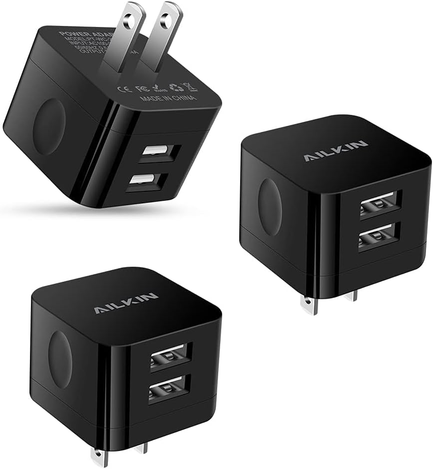 2Pack USB Wall Charger Plug, AILKIN 2.4A Dual Port USB Adapter Power Cube Fast Charging Station Box Base for iPhone 17 16 15 14 13 12 Pro Max SE 11 XR XS, Samsung, Phones Charge Block-White Brick