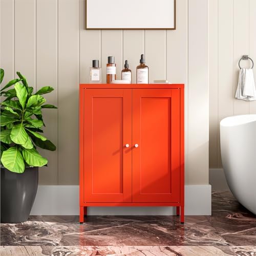 Metal Bathroom Cabinet, Small Floor Storage Cabinet, Freestanding Sideboard with 2 Adjustable Shelves for Living Room, Dining Room (Orange, 31.5" H-2 Doors)