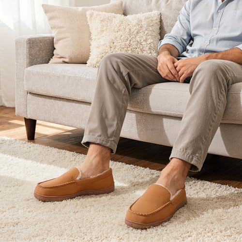 shoeslocker Men's Slippers Indoor Outdoor Warm Soft Plush Memory Foam House Slippers for Men Comfortable Bedroom Moccasin Slipper Non-Slip