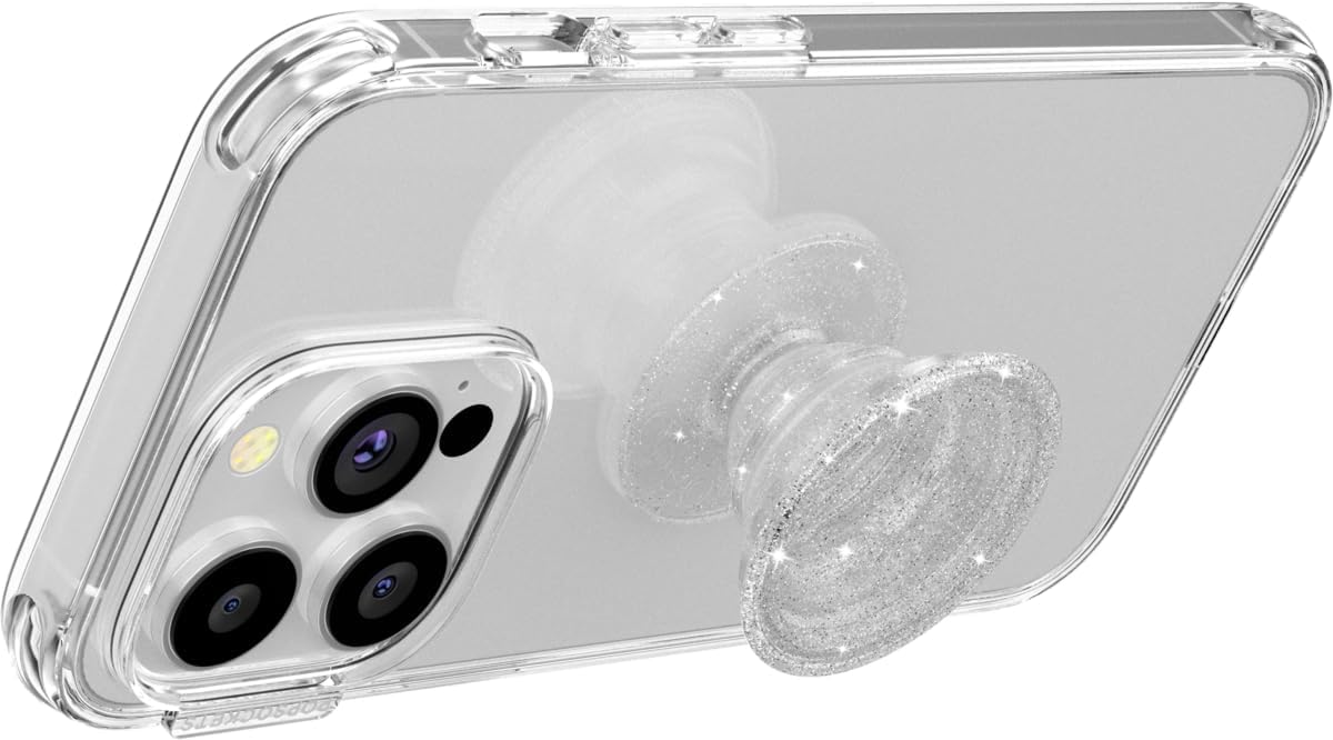 PopSockets Adhesive Phone Grip, Holder, Phone Stand, Kindle - Clear Glitter Silver