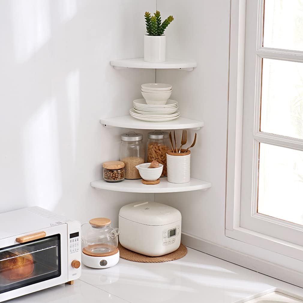 Corner Shelf, White Solid Oak Wood Floating Corner Shelves Wall Mount Round End Floating Speaker Rack Display Shelf for Small Plant Photo Frame (White, 12in)