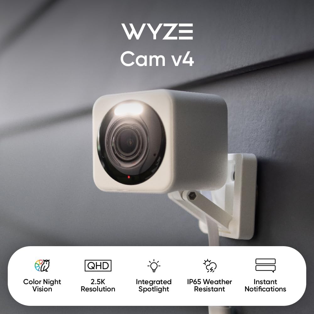 WYZE Cam v4 (Latest Model), 2.5K AI Security Camera, Indoor/Outdoor Cameras for Home Security, Baby Monitor & Pet Camera, Vibrant Color Night Vision, No Subscription Required, Free Expert Help
