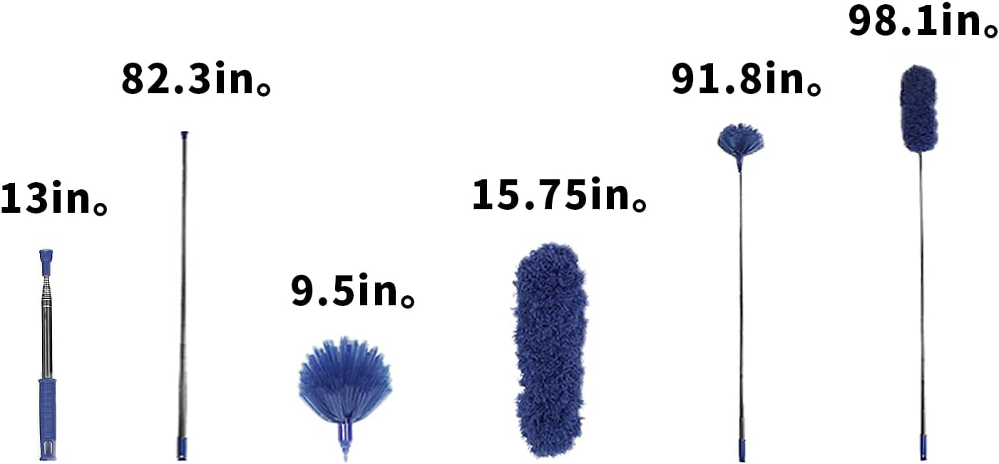 ZZ LAZYCOTTAGE Cobweb Duster with ExtensionPole, Washable Cleaning Duster Kit with 2 DusterHeads, Cobweb Duster, Corner Brush, Telescoping Pole for Ceiling Fan (Blue)