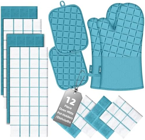 Oven Mitts Kitchen Towels and Dishcloths Pot Holders Sets, Oven Gloves Kitchen Dish Towels 500 Degree Heat Resistant Potholders with Non-Slip Silicone Surface for Cooking, Grilling, Baking-Blue