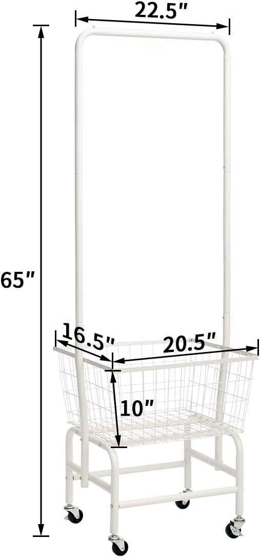 ALIMORDEN Laundry Cart with Clothes Rack, Rolling Laundry Butler with Wire Storage Rack，White