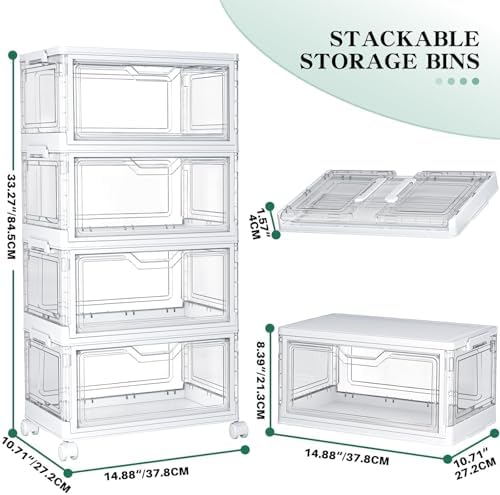 Kmiectse Clear Storage Bins with Lids - 4 Tier Plastic Bins with Wheels, Stackable Storage Bin, Closet Organizers Box for Bedroom, Living Room, 23 QT Folding Box with Magnetic Door