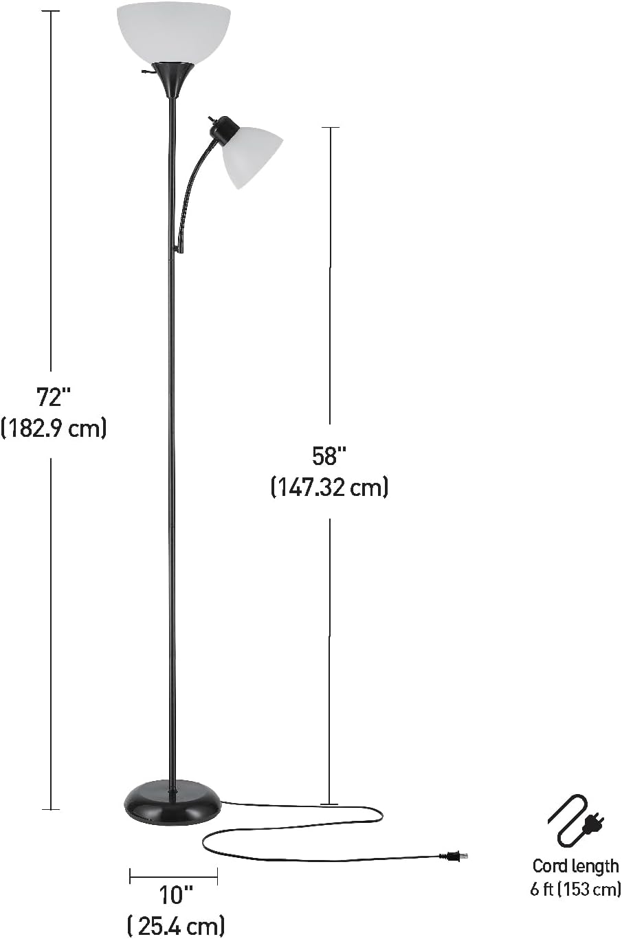 Globe Electric 67135 72" Floor Lamp with Adjustable Reading Light, Bright, Easy-to-Assemble Torchiere for Bedroom, Living Room & Office - Space-Saving Slim Design