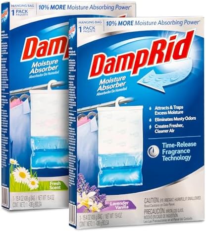 Damp Rid Hanging Bag Moisture Absorber – Fresh Scent Lavender Vanilla Humidity Absorber for Closets, Closet Deodorizer & Odor Absorber, 15.4 oz Hanging Bags 2 Pack– ILIOS Packaging