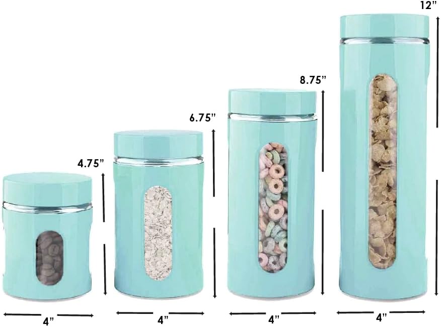 Kitchen Canisters Set For Countertop By Home Basics | Retro-Styled Canisters For Kitchen Counter | Stainless Steel and Glass, See-Through Windows (Turquoise), 4 Pieces
