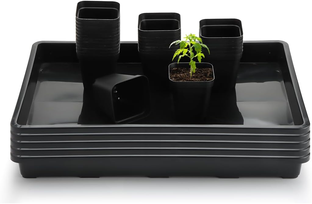 RooTrimmer 2.8 inch (7CM) Square Nursery Pots 120pcs with 5 Pack Seed Starter Trays, Durable Plastic Flat Seedling Tray (17"x11"x2") for Carrying and Holding Plant Nursery Pot (Black)
