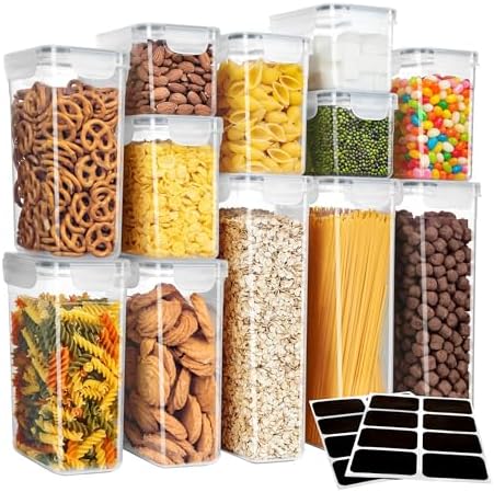 MR.SIGA 12 Pack Airtight Food Storage Container Set, BPA Free Kitchen Pantry Organization, Kitchen Canisters for Cereal, Spaghetti, includes 16 Reusable Sticker Labels