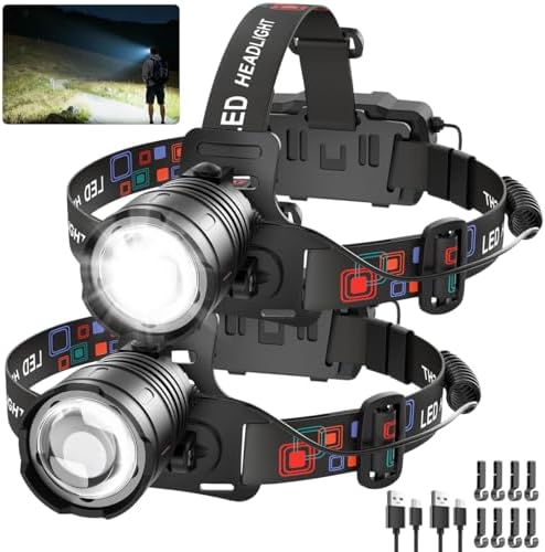 Rechargeable Headlamp High Lumen, 3000L Super Bright Head Lamp, 90° Rotatable Head Lights for Forehead, Adjustable Focus Headlight Flashlight, 4Modes LED Headlamps for Adults Hardhat Camping (2Pack)