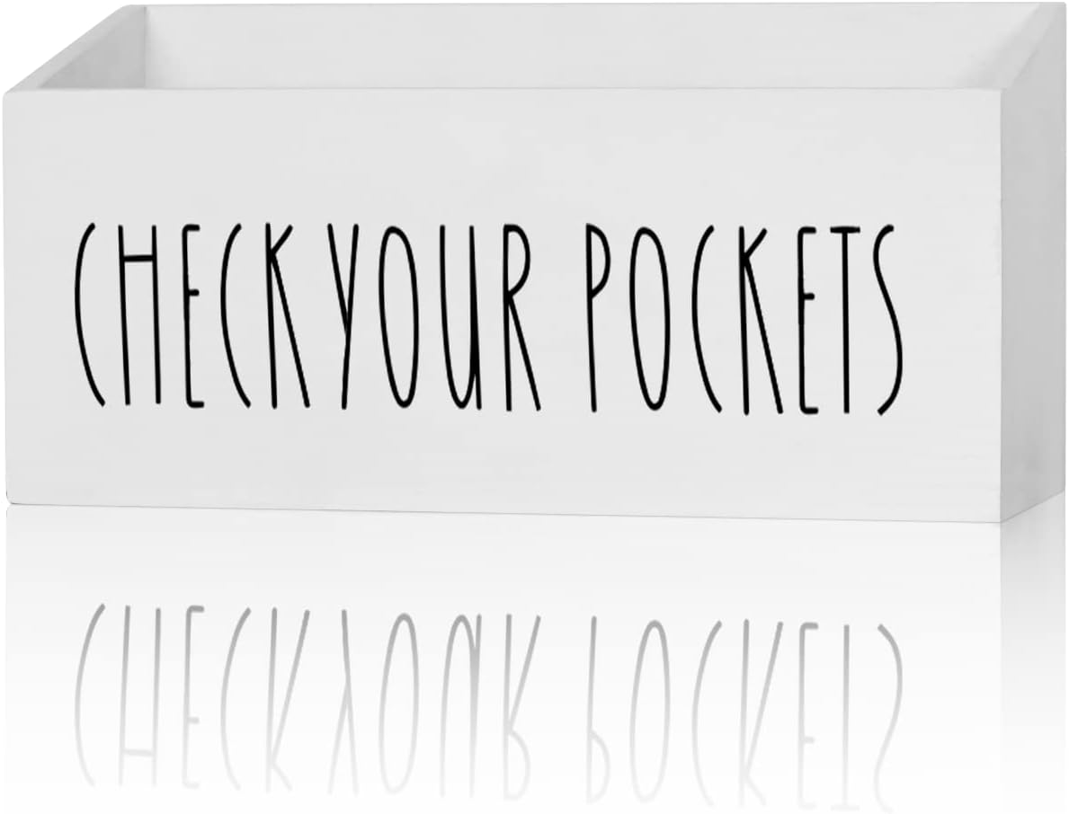 Pocket Treasures Holder, Laundry Room Organization, Magnetic Laundry Money Coin Caddy, Farmhouse Check Your Pockets Sign Bin Box Wall Mount, Laundry Storage Organizer Decor Container (White)