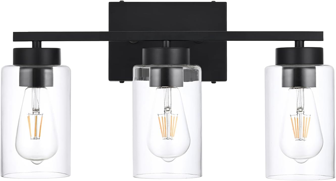 5 Light Bathroom Vanity Light Fixtures, Matte Black Modern Wall Lights with Clear Glass Shade, Vintage Wall Sconce Lighting for Living Room, Mirror, Bedroom, Hallway (Black, 5-Lights)