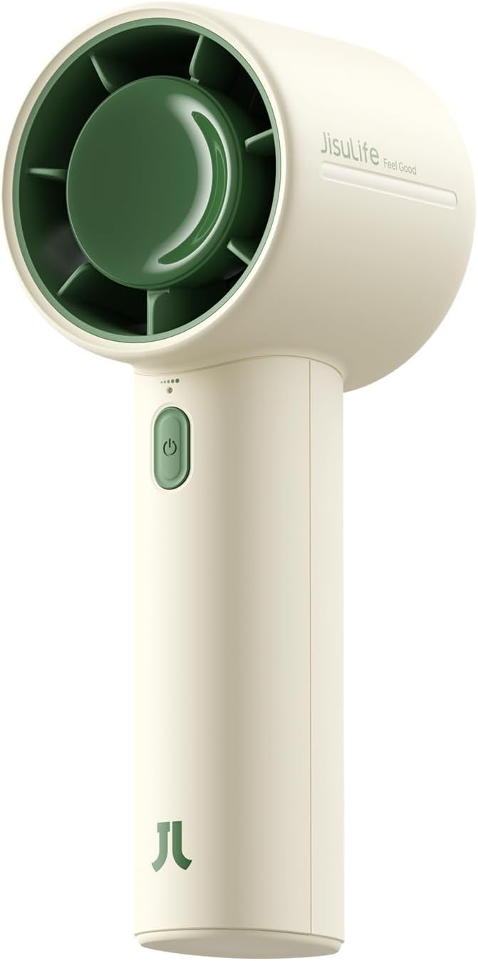 JISULIFE Handheld Turbo Fan, 4000mAh Rechargeable Portable Fan with Neck Strap, Stickers, Christmas Stockings, Ideal for Travel, Camping. Gifts for Women, Men, Kids (Beige)
