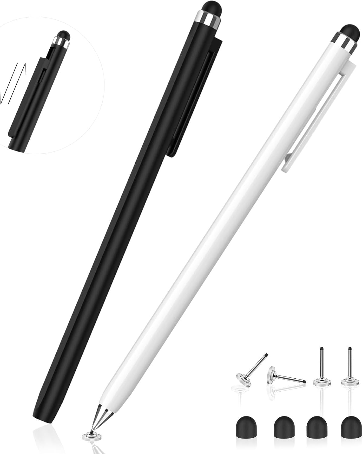 Stylus Pen for Touchscreen (2 Pack) - Mixoo 2-in-1 High Sensitivity Retractable Stylus with Smaller Disc Tip Universal Stylus for iPad iPhone Tablets Switch Capacitive Touch Screens (Black + White)