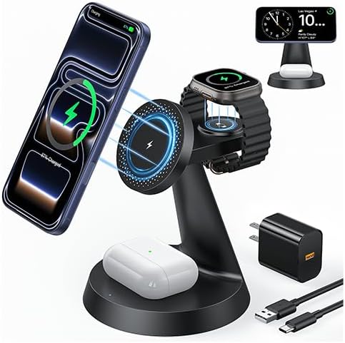 Meifigno 3 in 1 Magnetic 15W Charging Station for Apple Multiple Devices | Wireless Charger Design for MagSafe, for iPhone 17-12 Series, Watch Charger Stand for Apple Watches & Airpods, with Adapter