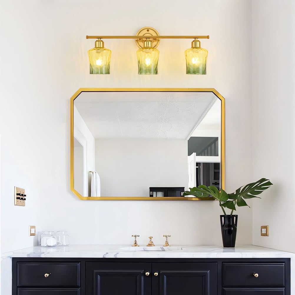 Modern 3-Light Glass Bathroom Light Over Mirror, Gold Vanity Light with Yellow Green Gradient Glass Shade, E26 Bathroom Vanity Light, for Kitchen, Hallway, Cabinet, Bedroom, Living Room