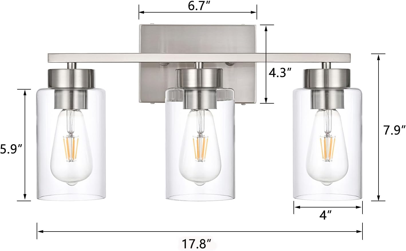 3-Light Bathroom Vanity Light, Modern Brushed Nickel Wall Lights with Clear Glass Shades, Bathroom Wall Sconce Lamp for Mirror Living Room Bedroom Hallway