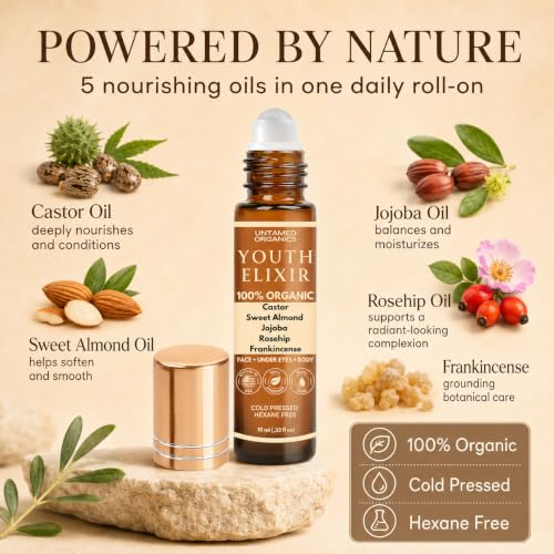 Untamed Organics Youth Elixir - Roll On Facial Serum For Under Eyes and Face with Certified Organic, Cold Pressed, Hexane Free Castor, and Frankincense Oil - Miracle Anti-Aging Oil 10mL