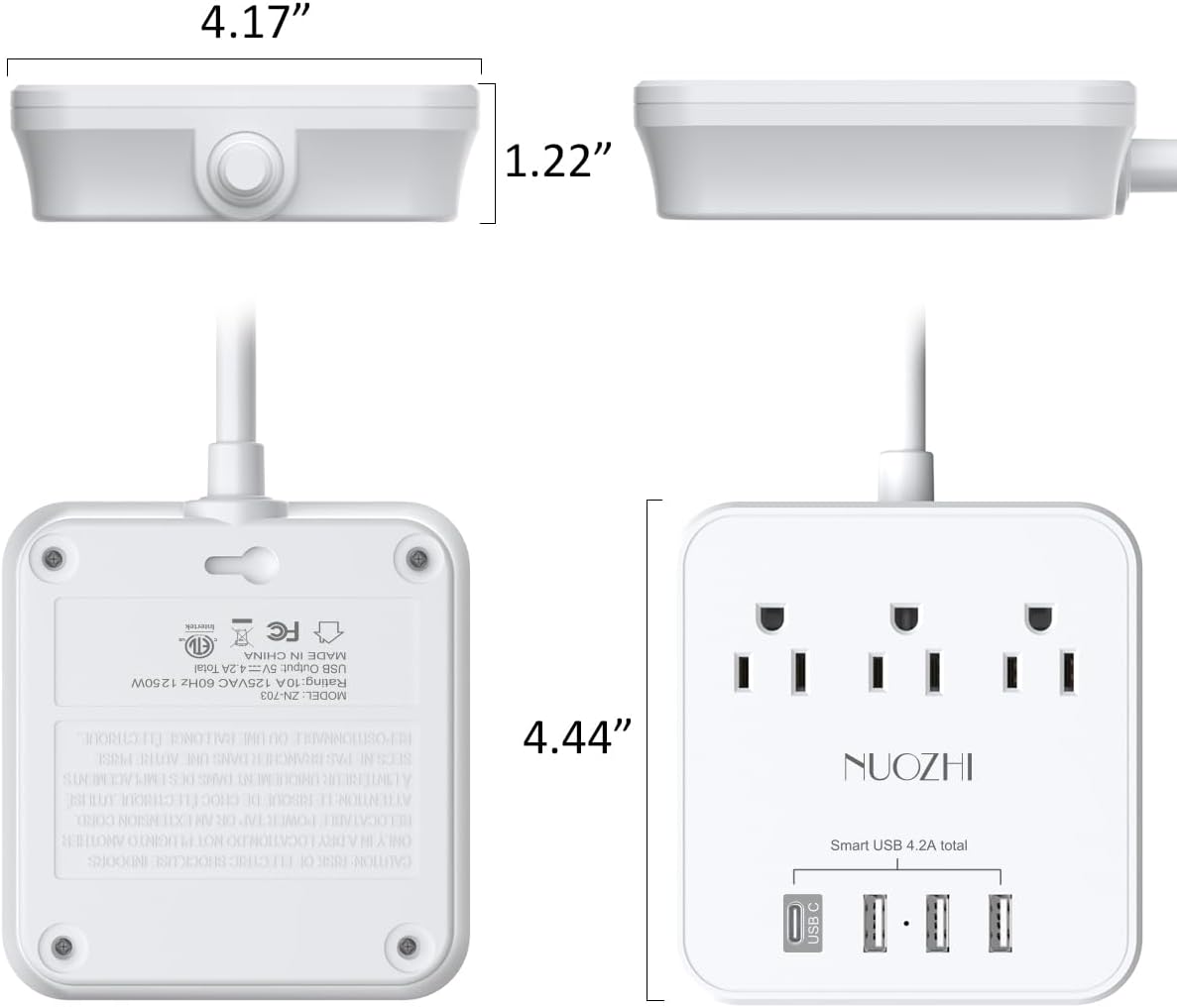 Cruise Essentials, NUOZHI 6 Ft Power Strip with 3 Outlets and 4 USB Ports(1 USB C), Non Surge Protector for Cruise Ship, Travel, Home Office, ETL Listed, White