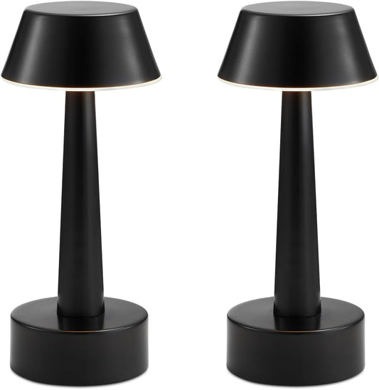 2 Pack Small Cordless Table Lamp for Restaurant, Black Metal Lamp