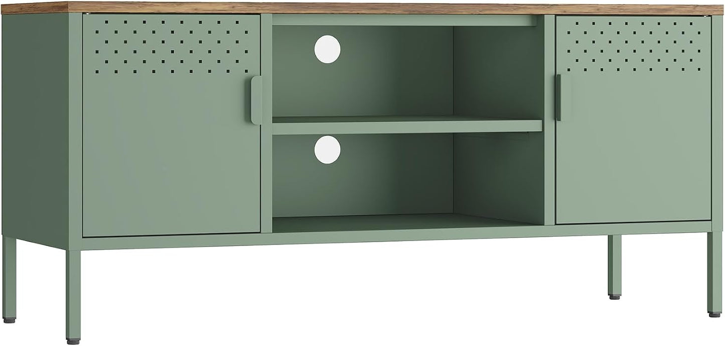 Manhattan Comfort Landen 47" Modern Metal TV Stand with Storage Cabinets & Open Shelves, Holds Up to 40" Screen, TV Console with Natural Wood Top, Cable Management, Adjustable Legs, Green