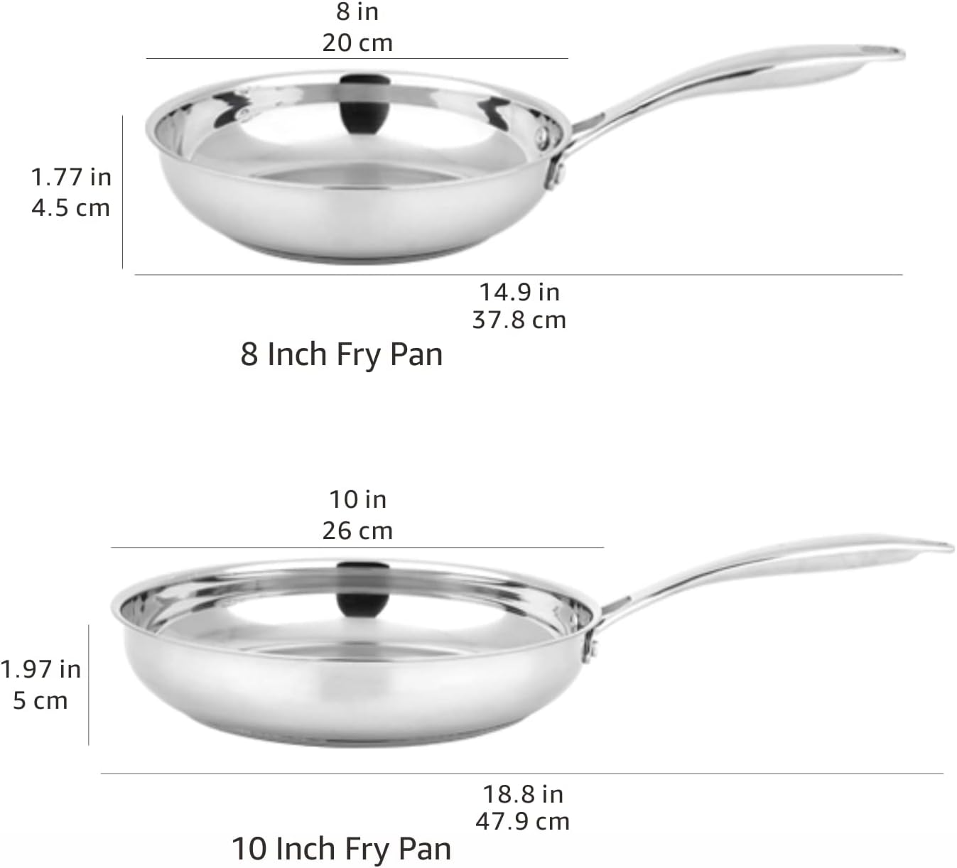 Amazon Basics Stainless Steel Frying Pan Set, Induction Compatible Skillet, Oven Safe, Heat Distributes Evenly, 8-Inch & 10-Inch, 2-Piece