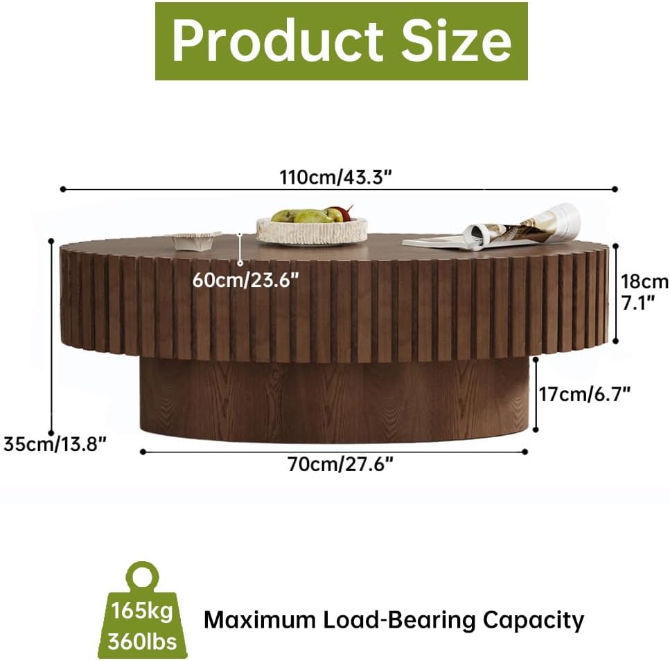 Oval Fluted Coffee Table (Oval Brown 43.3in) | Drum Coffee Tables for Living Room | Modern Pedestal Center Table