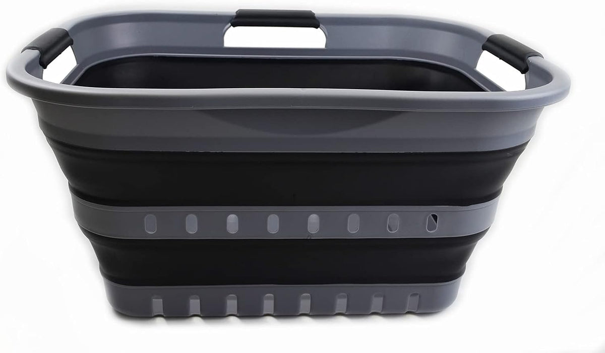 SAMMART 30L (8 Gallon) Collapsible 3 Handled Plastic Laundry Basket - Foldable Pop Up Storage Container/Organizer - Space Saving Hamper/Basket (Grey/Black)