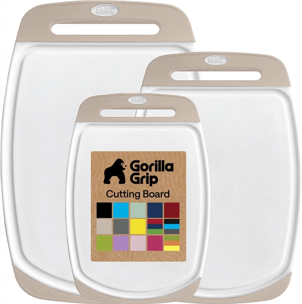 GORILLA GRIP BPA-Free Reversible Kitchen Cutting Board Set of 3, US Designed, Nonporous, Juice Grooves Catch Liquid, Slip Resistant Border, Dishwasher Safe, Durable Large Food Chopping Boards, Almond