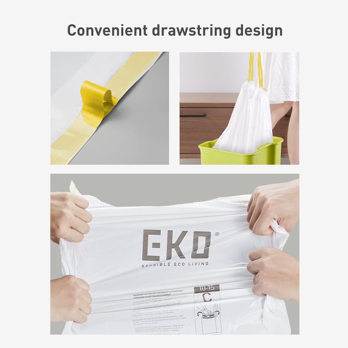 EKO 21 Gallon / 50-90 Liter, 60 Count Drawstring Trash Bags, Extra-Strong Unscented Garbage Bags, Easy-Dispense Roll for Kitchen & Household Use, Code G, White